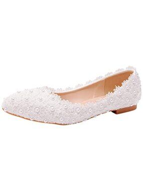 Elegant Pointed Toe Lace Pearls Bridal Flats, PU Leather, Soft Sole
